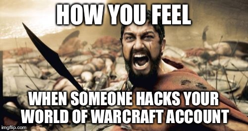 Sparta Leonidas Meme | HOW YOU FEEL WHEN SOMEONE HACKS YOUR WORLD OF WARCRAFT ACCOUNT | image tagged in memes,sparta leonidas | made w/ Imgflip meme maker
