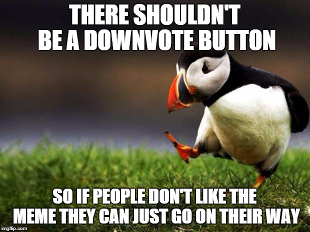 Unpopular Opinion Puffin Meme | THERE SHOULDN'T BE A DOWNVOTE BUTTON SO IF PEOPLE DON'T LIKE THE MEME THEY CAN JUST GO ON THEIR WAY | image tagged in memes,unpopular opinion puffin | made w/ Imgflip meme maker