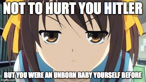 Haruhi stare | NOT TO HURT YOU HITLER BUT YOU WERE AN UNBORN BABY YOURSELF BEFORE | image tagged in haruhi stare | made w/ Imgflip meme maker