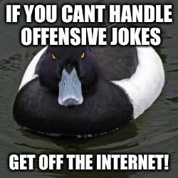Ive had it with those kind of people | IF YOU CANT HANDLE OFFENSIVE JOKES GET OFF THE INTERNET! | image tagged in angry advice mallard | made w/ Imgflip meme maker