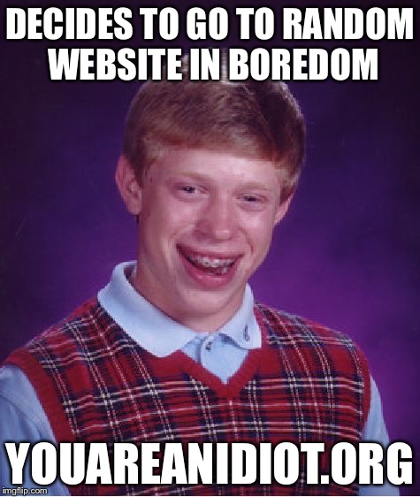 WARNINGS ARE FOR PLEBS | DECIDES TO GO TO RANDOM WEBSITE IN BOREDOM YOUAREANIDIOT.ORG | image tagged in memes,bad luck brian | made w/ Imgflip meme maker