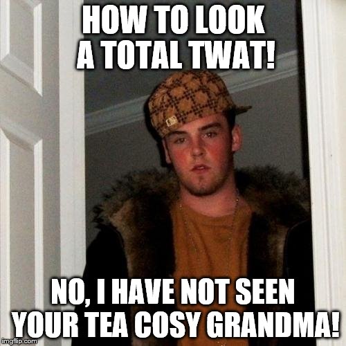 Scumbag Steve Meme | HOW TO LOOK A TOTAL TWAT! NO, I HAVE NOT SEEN YOUR TEA COSY GRANDMA! | image tagged in memes,scumbag steve | made w/ Imgflip meme maker