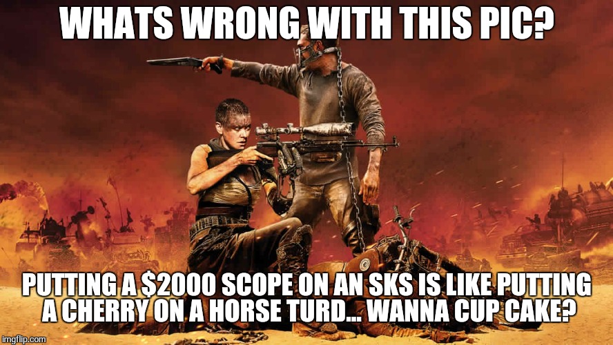 Madmax | WHATS WRONG WITH THIS PIC? PUTTING A $2000 SCOPE ON AN SKS IS LIKE PUTTING A CHERRY ON A HORSE TURD... WANNA CUP CAKE? | image tagged in memes | made w/ Imgflip meme maker