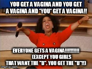 Oprah You Get A Meme | YOU GET A VA**NA AND YOU GET A VA**NA AND *YOU* GET A VA**NA!! EVERYONE GETS A VA**NA!!!!!!!!!! 
          (EXCEPT YOU GIRLS THAT WANT THE " | image tagged in you get an oprah | made w/ Imgflip meme maker