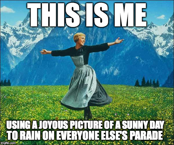 Sound of Music | THIS IS ME USING A JOYOUS PICTURE OF A SUNNY DAY TO RAIN ON EVERYONE ELSE'S PARADE | image tagged in sound of music | made w/ Imgflip meme maker