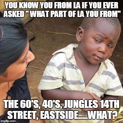 Third World Skeptical Kid Meme | YOU KNOW YOU FROM LA IF YOU EVER ASKED " WHAT PART OF LA YOU FROM" THE 60'S, 40'S, JUNGLES 14TH STREET, EASTSIDE.....WHAT? | image tagged in memes,third world skeptical kid,losangeles | made w/ Imgflip meme maker