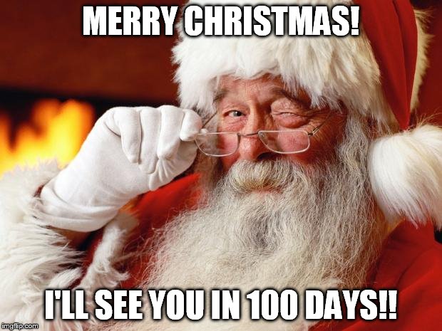 santa | MERRY CHRISTMAS! I'LL SEE YOU IN 100 DAYS!! | image tagged in santa | made w/ Imgflip meme maker