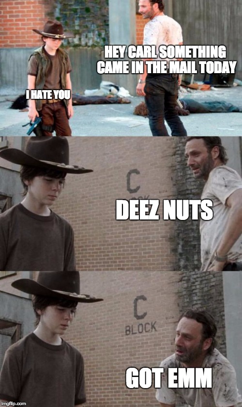 Rick and Carl 3 Meme | HEY CARL SOMETHING CAME IN THE MAIL TODAY I HATE YOU DEEZ NUTS GOT EMM | image tagged in memes,rick and carl 3 | made w/ Imgflip meme maker
