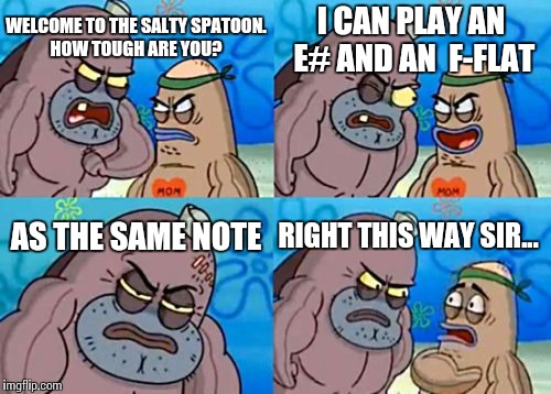 How Tough Are You | WELCOME TO THE SALTY SPATOON. HOW TOUGH ARE YOU? I CAN PLAY AN E# AND AN  F-FLAT AS THE SAME NOTE RIGHT THIS WAY SIR... | image tagged in memes,how tough are you | made w/ Imgflip meme maker