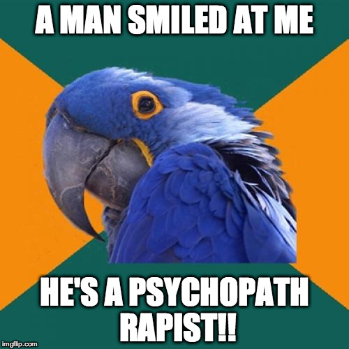 Paranoid Parrot Meme | A MAN SMILED AT ME HE'S A PSYCHOPATH RAPIST!! | image tagged in memes,paranoid parrot | made w/ Imgflip meme maker