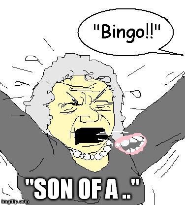 I NEEDED ONE MORE STINKIN' NUMBER,  YOU TRAMP! | "SON OF A .." | image tagged in granny bingo fit | made w/ Imgflip meme maker