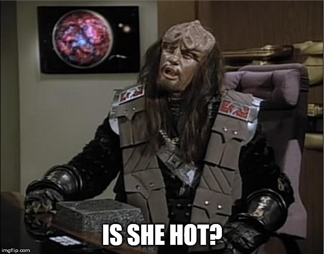 IS SHE HOT? | image tagged in funny klingon duras 1 | made w/ Imgflip meme maker