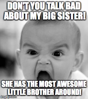 Angry Baby Meme | DON'T YOU TALK BAD ABOUT MY BIG SISTER! SHE HAS THE MOST AWESOME LITTLE BROTHER AROUND! | image tagged in memes,angry baby | made w/ Imgflip meme maker