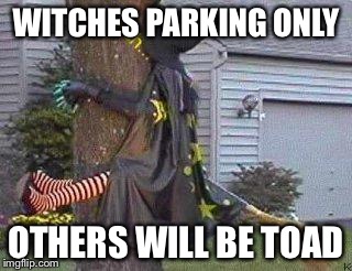 Witch parking spot is mine? | WITCHES PARKING ONLY OTHERS WILL BE TOAD | image tagged in witch,memes | made w/ Imgflip meme maker