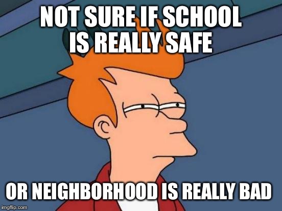 Futurama Fry | NOT SURE IF SCHOOL IS REALLY SAFE OR NEIGHBORHOOD IS REALLY BAD | image tagged in memes,futurama fry | made w/ Imgflip meme maker