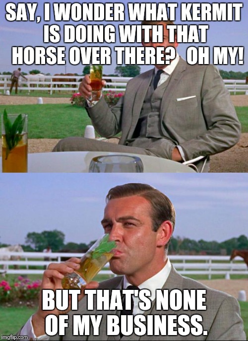 Quit Horsing Around, Kermit | SAY, I WONDER WHAT KERMIT IS DOING WITH THAT  HORSE OVER THERE?   OH MY! BUT THAT'S NONE OF MY BUSINESS. | image tagged in sean connery  kermit | made w/ Imgflip meme maker