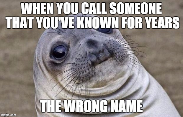 Awkward Moment Sealion Meme | WHEN YOU CALL SOMEONE THAT YOU'VE KNOWN FOR YEARS THE WRONG NAME | image tagged in memes,awkward moment sealion | made w/ Imgflip meme maker