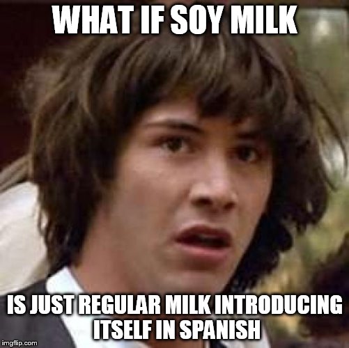 Milk Conspiracy | WHAT IF SOY MILK IS JUST REGULAR MILK INTRODUCING ITSELF IN SPANISH | image tagged in memes,conspiracy keanu | made w/ Imgflip meme maker