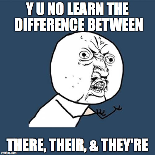 Y U No Meme | Y U NO LEARN THE DIFFERENCE BETWEEN THERE, THEIR, & THEY'RE | image tagged in memes,y u no | made w/ Imgflip meme maker