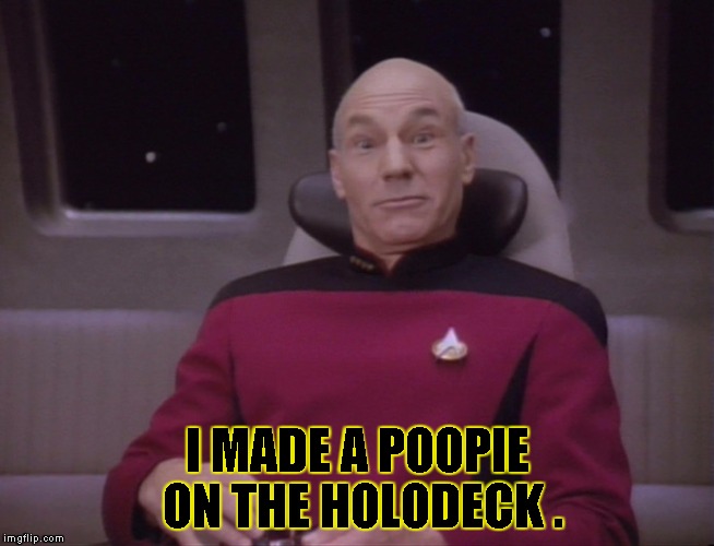 Funny face picard | I MADE A POOPIE ON THE HOLODECK . | image tagged in funny face picard | made w/ Imgflip meme maker