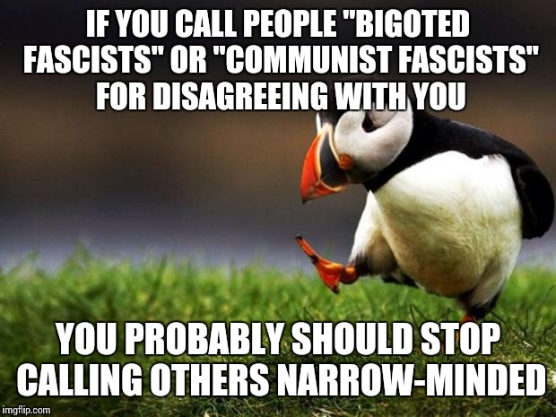 Unpopular Opinion Puffin Meme | IF YOU CALL PEOPLE "BIGOTED FASCISTS" OR "COMMUNIST FASCISTS" FOR DISAGREEING WITH YOU YOU PROBABLY SHOULD STOP CALLING OTHERS NARROW-MINDED | image tagged in memes,unpopular opinion puffin | made w/ Imgflip meme maker