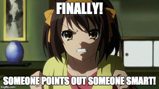 Angry Haruhi | FINALLY! SOMEONE POINTS OUT SOMEONE SMART! | image tagged in angry haruhi | made w/ Imgflip meme maker