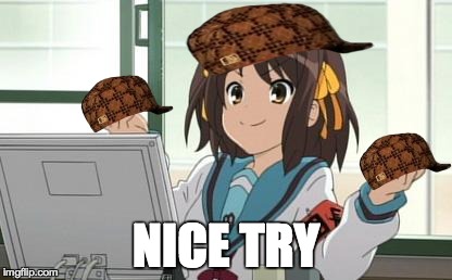 Haruhi Computer | NICE TRY | image tagged in haruhi computer,scumbag | made w/ Imgflip meme maker