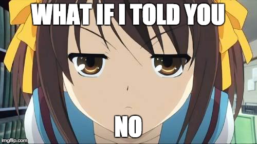 Haruhi stare | WHAT IF I TOLD YOU NO | image tagged in haruhi stare | made w/ Imgflip meme maker