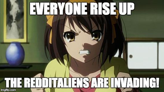 Angry Haruhi | EVERYONE RISE UP THE REDDITALIENS ARE INVADING! | image tagged in angry haruhi | made w/ Imgflip meme maker