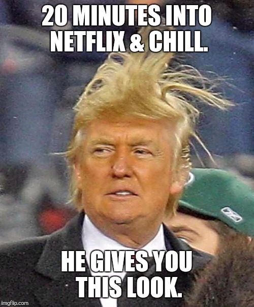 Trump time | 20 MINUTES INTO NETFLIX & CHILL. HE GIVES YOU THIS LOOK. | image tagged in netflix and chill,donald trumph hair | made w/ Imgflip meme maker