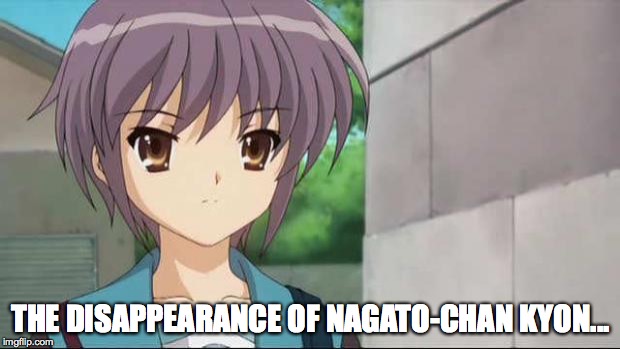 Nagato Blank Stare | THE DISAPPEARANCE OF NAGATO-CHAN KYON... | image tagged in nagato blank stare | made w/ Imgflip meme maker