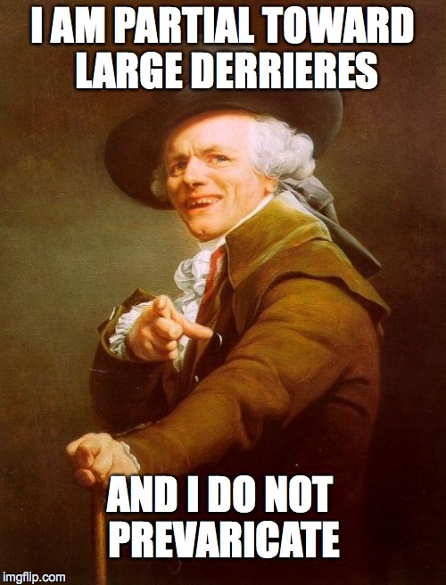 Joseph Ducreux Meme | I AM PARTIAL TOWARD LARGE DERRIERES AND I DO NOT PREVARICATE | image tagged in memes,joseph ducreux | made w/ Imgflip meme maker