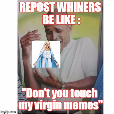 Memes = reposts.  Grow up and deal with it. | REPOST WHINERS BE LIKE : "Don't you touch my virgin memes" | image tagged in funny,memes,imgflip,repost,whiners,be like | made w/ Imgflip meme maker