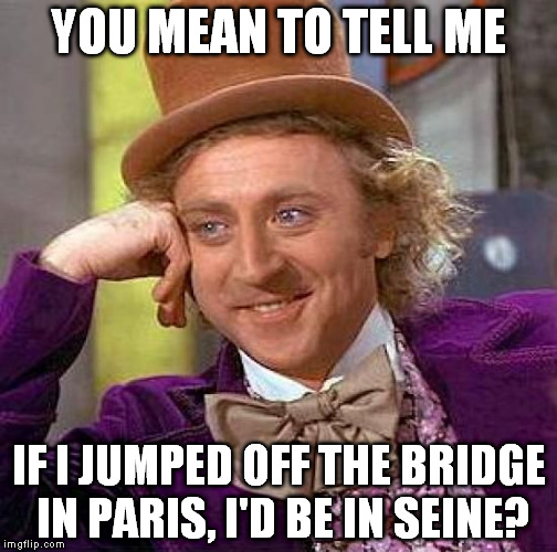 Creepy Condescending Wonka | YOU MEAN TO TELL ME IF I JUMPED OFF THE BRIDGE IN PARIS, I'D BE IN SEINE? | image tagged in memes,creepy condescending wonka | made w/ Imgflip meme maker