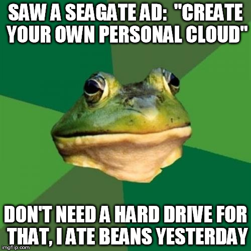 Inspired by an email ad I got today. | SAW A SEAGATE AD:  "CREATE YOUR OWN PERSONAL CLOUD" DON'T NEED A HARD DRIVE FOR THAT, I ATE BEANS YESTERDAY | image tagged in foul bachelor frog,memes,computers,farts,farting | made w/ Imgflip meme maker