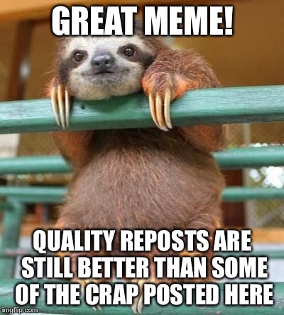 cute-sloth | GREAT MEME! QUALITY REPOSTS ARE STILL BETTER THAN SOME OF THE CRAP POSTED HERE | image tagged in cute-sloth | made w/ Imgflip meme maker