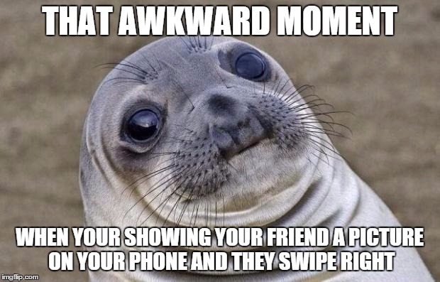 Awkward Moment Sealion | THAT AWKWARD MOMENT WHEN YOUR SHOWING YOUR FRIEND A PICTURE ON YOUR PHONE AND THEY SWIPE RIGHT | image tagged in memes,awkward moment sealion | made w/ Imgflip meme maker