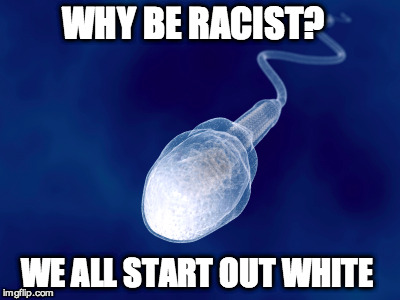 Sperm | WHY BE RACIST? WE ALL START OUT WHITE | image tagged in racism,equality,sperm,white,black,asian | made w/ Imgflip meme maker