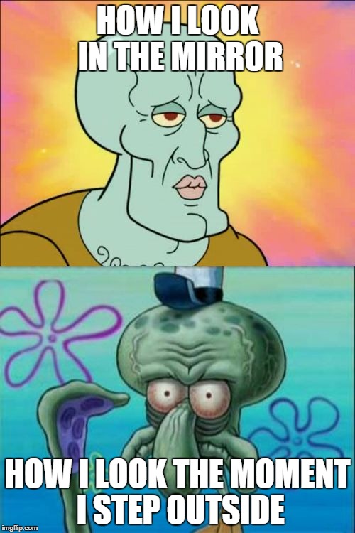 Squidward | HOW I LOOK IN THE MIRROR HOW I LOOK THE MOMENT I STEP OUTSIDE | image tagged in memes,squidward | made w/ Imgflip meme maker