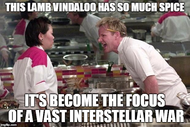 Gordon Ramsey | THIS LAMB VINDALOO HAS SO MUCH SPICE IT'S BECOME THE FOCUS OF A VAST INTERSTELLAR WAR | image tagged in gordon ramsey | made w/ Imgflip meme maker