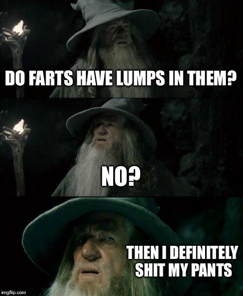 Confused Gandalf Meme | DO FARTS HAVE LUMPS IN THEM? NO? THEN I DEFINITELY SHIT MY PANTS | image tagged in memes,confused gandalf | made w/ Imgflip meme maker