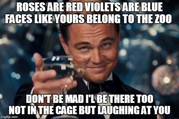 Leonardo Dicaprio Cheers | ROSES ARE RED VIOLETS ARE BLUE FACES LIKE YOURS BELONG TO THE ZOO DON'T BE MAD I'L BE THERE TOO NOT IN THE CAGE BUT LAUGHING AT YOU | image tagged in memes,leonardo dicaprio cheers,funny memes | made w/ Imgflip meme maker