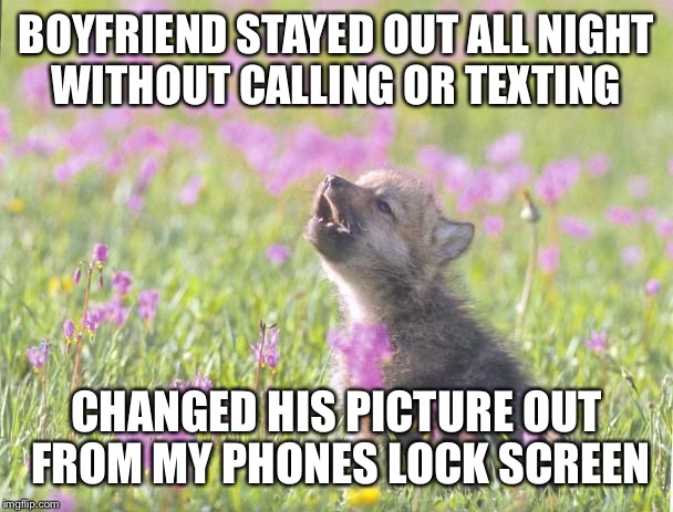 Baby Insanity Wolf | BOYFRIEND STAYED OUT ALL NIGHT WITHOUT CALLING OR TEXTING CHANGED HIS PICTURE OUT FROM MY PHONES LOCK SCREEN | image tagged in memes,baby insanity wolf | made w/ Imgflip meme maker