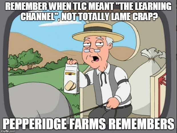 PEPPERIDGE FARMS REMEMBERS | REMEMBER WHEN TLC MEANT "THE LEARNING CHANNEL", NOT TOTALLY LAME CRAP? | image tagged in pepperidge farms remembers | made w/ Imgflip meme maker