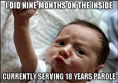 With that mentality, how could he go wrong? | I DID NINE MONTHS ON THE INSIDE CURRENTLY SERVING 18 YEARS PAROLE | image tagged in stay strong baby,baby,funny | made w/ Imgflip meme maker