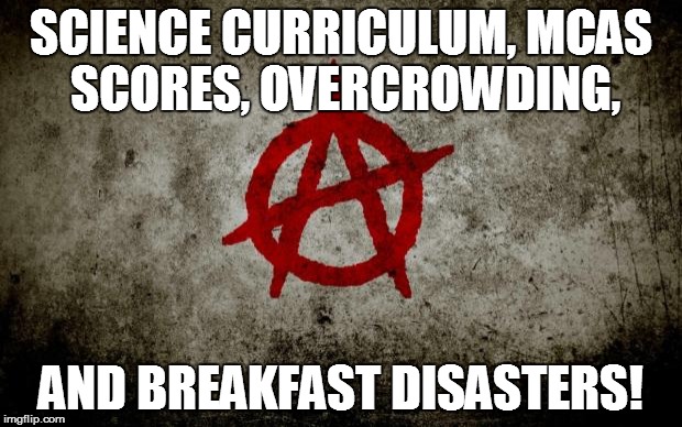 LPS'S "BRAND" NEW WAVE | SCIENCE CURRICULUM, MCAS SCORES, OVERCROWDING, AND BREAKFAST DISASTERS! | image tagged in anarchy,test scores,disarray | made w/ Imgflip meme maker