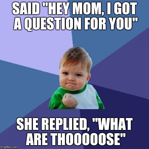 Coolest Mom Ever! | SAID "HEY MOM, I GOT A QUESTION FOR YOU" SHE REPLIED, "WHAT ARE THOOOOOSE" | image tagged in memes,success kid,what are those | made w/ Imgflip meme maker