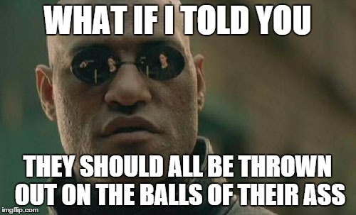 Matrix Morpheus Meme | WHAT IF I TOLD YOU THEY SHOULD ALL BE THROWN OUT ON THE BALLS OF THEIR ASS | image tagged in memes,matrix morpheus | made w/ Imgflip meme maker