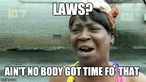 Ain't Nobody Got Time For That | LAWS? AIN'T NO BODY GOT TIME FO 
THAT | image tagged in memes,aint nobody got time for that | made w/ Imgflip meme maker