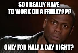 Kevin Hart Meme | SO I REALLY HAVE TO WORK ON A FRIDAY??? ONLY FOR HALF A DAY RIGHT? | image tagged in memes,kevin hart the hell | made w/ Imgflip meme maker